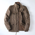 Men's casual loose zip jacket in light brown cotton twill with retro style
