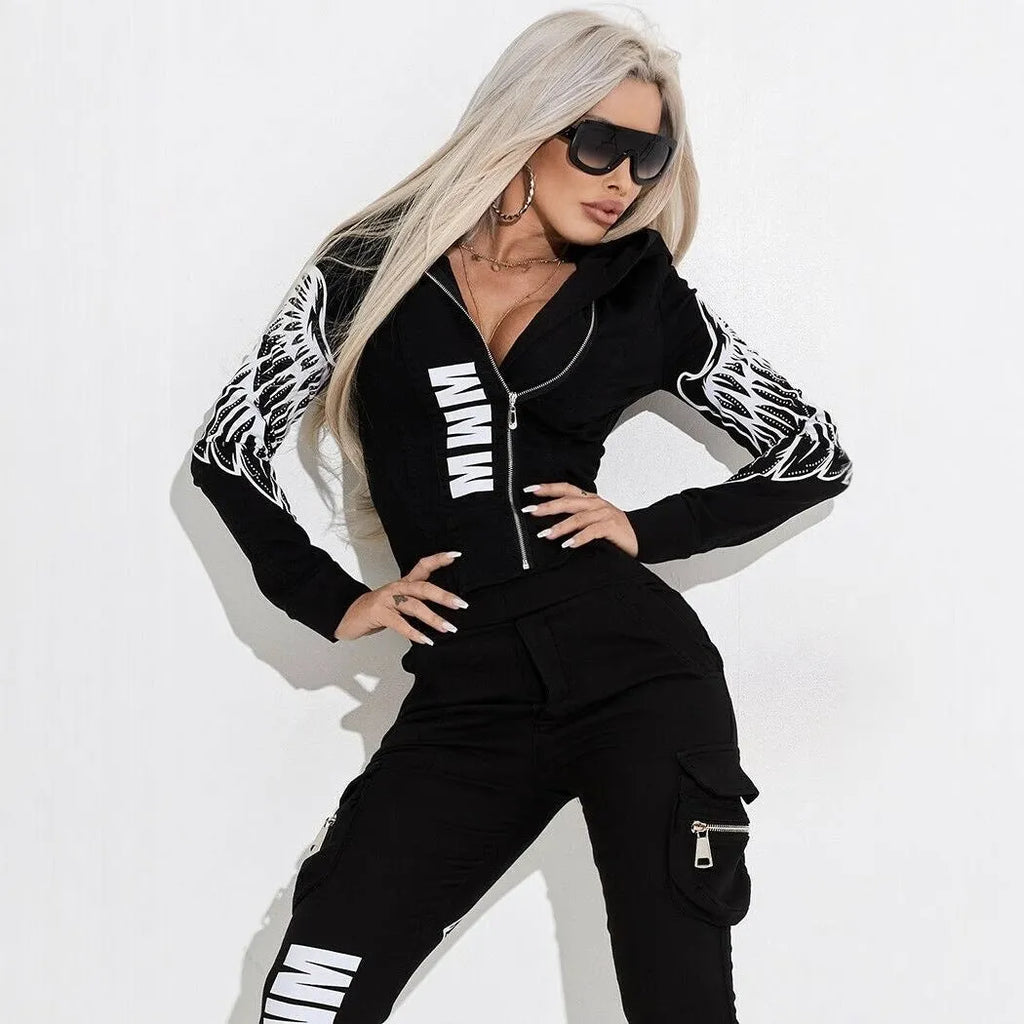 Women's black wings print hooded casual suit with zip-up front and matching trousers