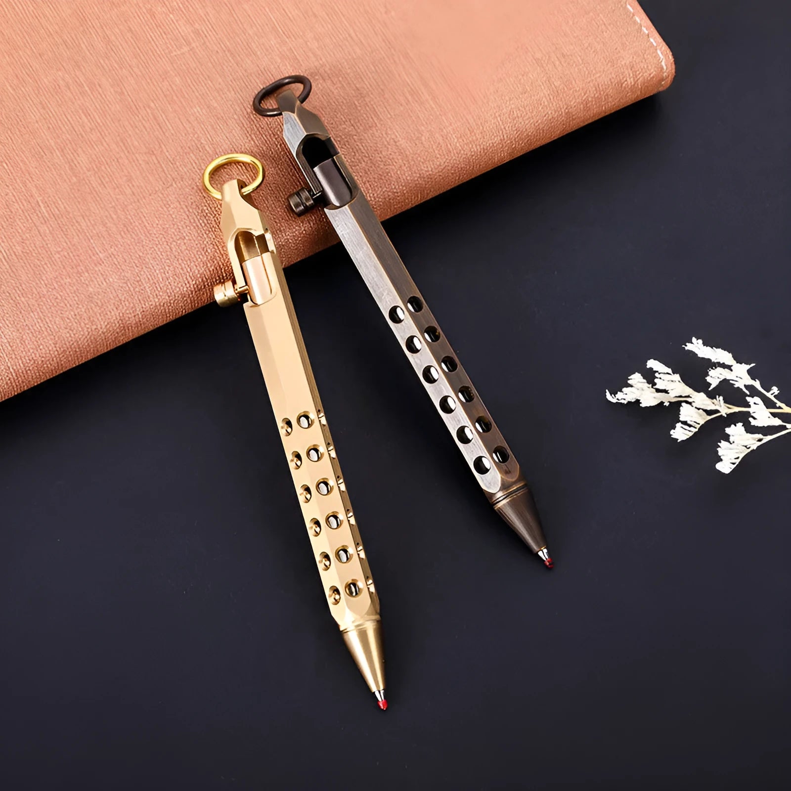 Brass hexagonal bolt pen with 6-angle design showing length and diameter dimensions
