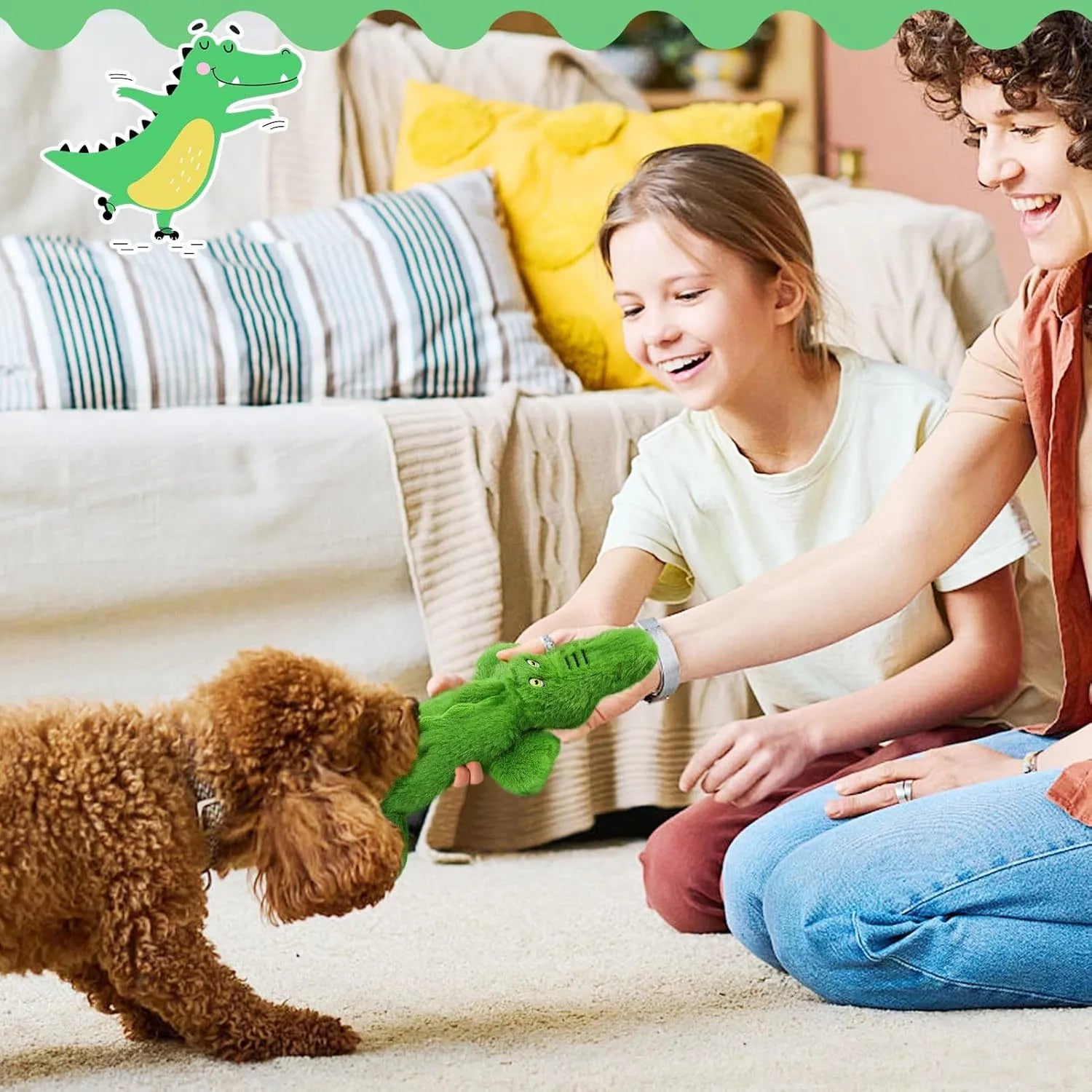 Green plush crocodile dog toy with no stuffing, featuring a squeaker head and crinkle paper tail.