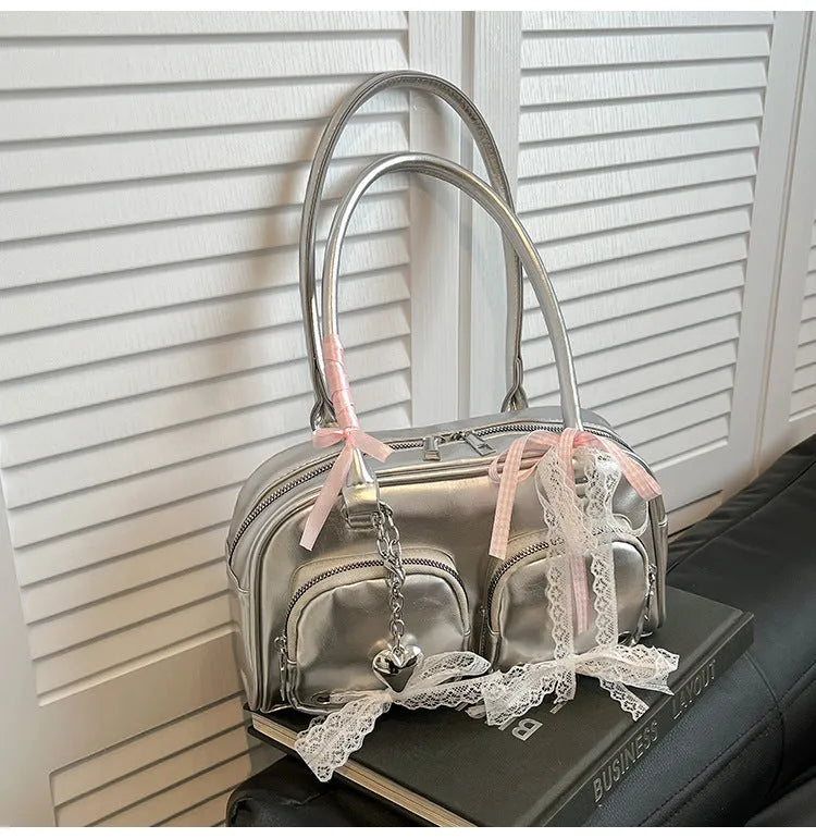 Large capacity soft PU leather women's shoulder bag with phone pocket in horizontal square design
