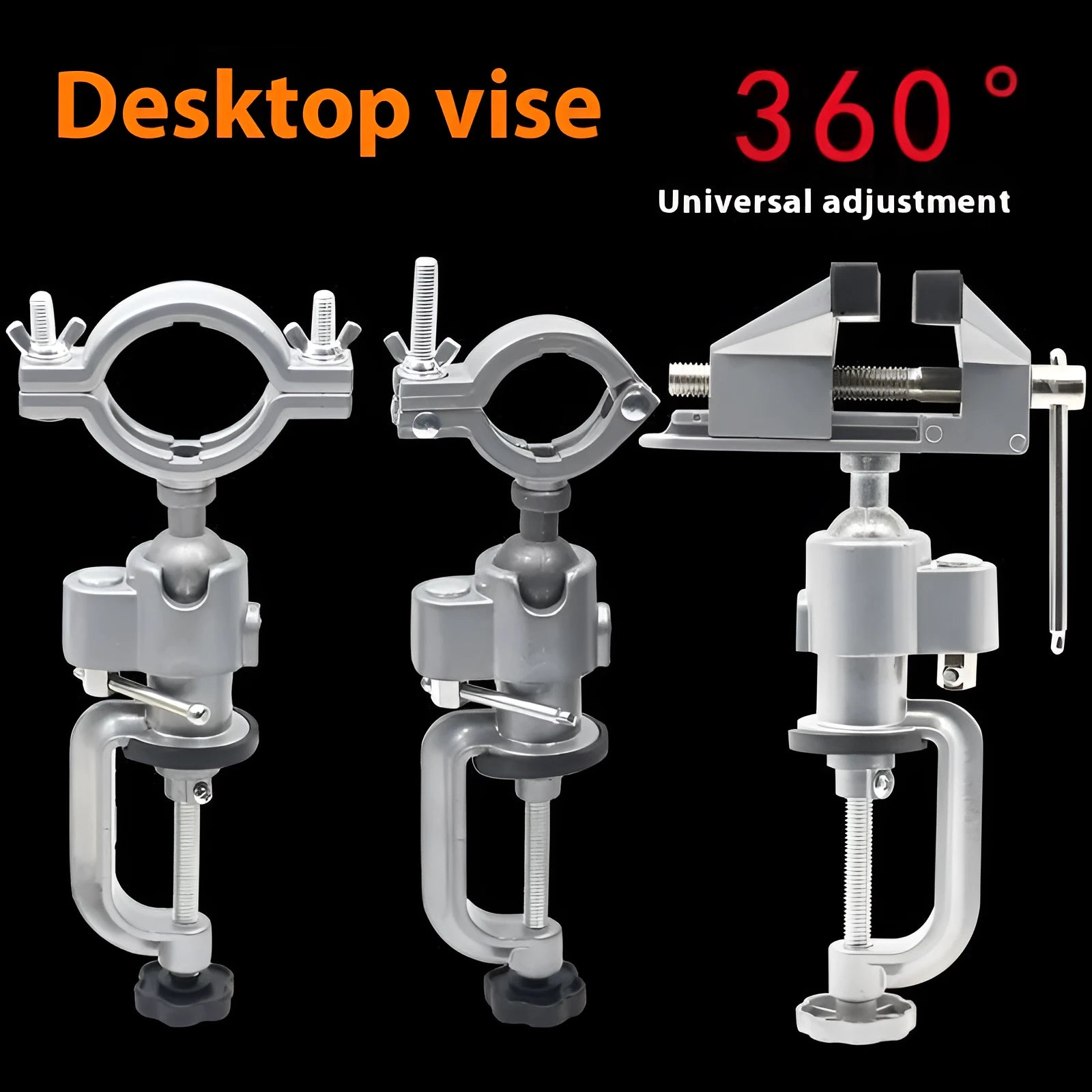 Small flat 360-degree rotating clamp-on bench vise made of tungsten steel on a workbench