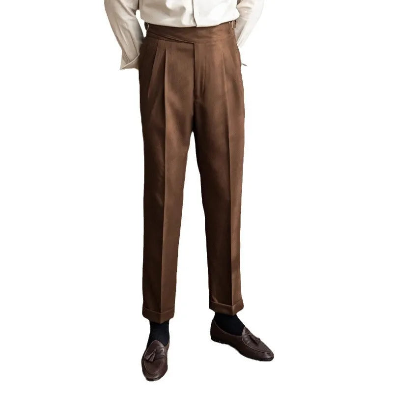 Men's black high-waist straight-leg casual trousers laid flat.