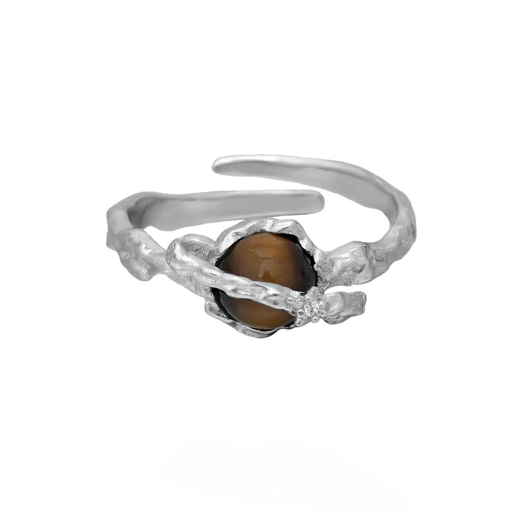 Women's adjustable Saturn tiger's eye open ring with white gold electroplating on silver