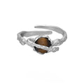 Women's adjustable Saturn tiger's eye open ring with white gold electroplating on silver