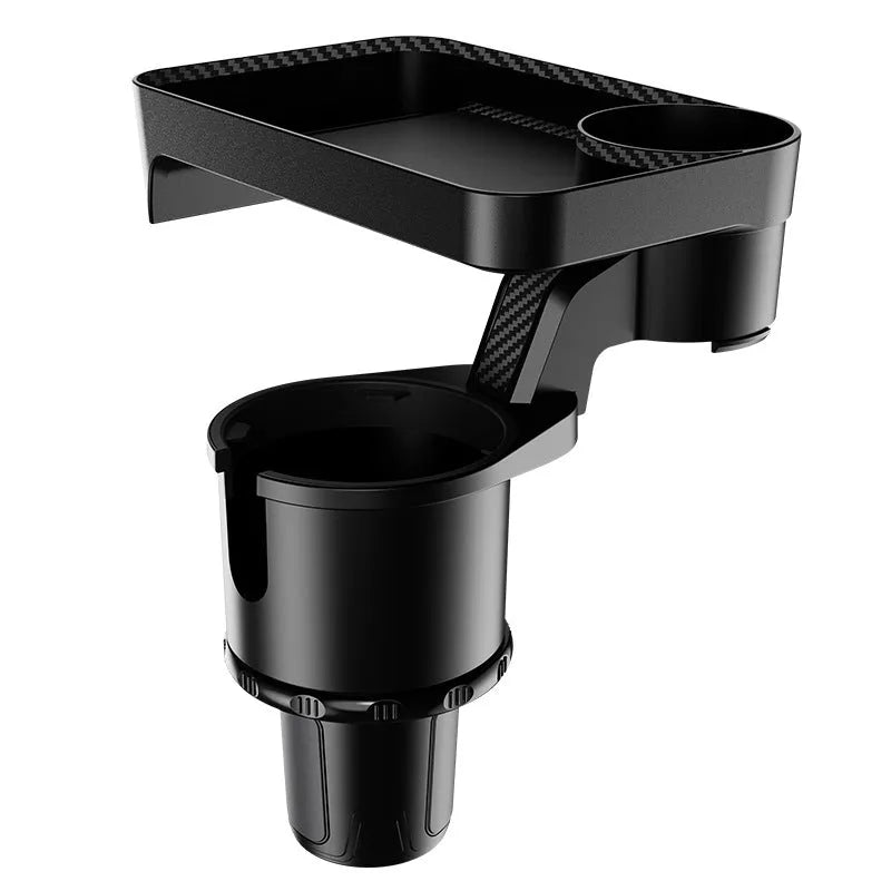 Black car-mounted 360-degree rotating dinner tray holder inserted in vehicle cup holder