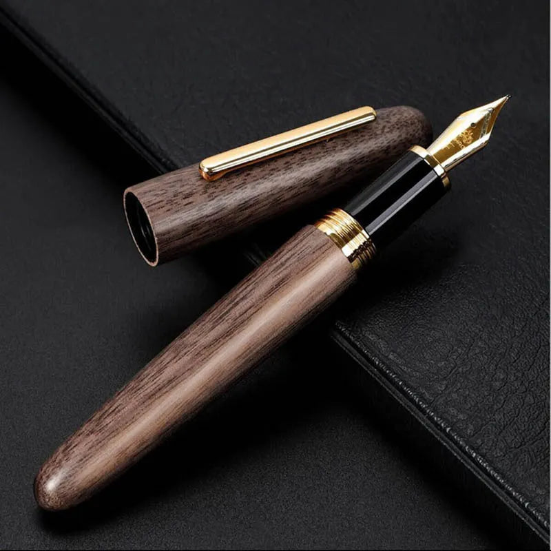 Wooden rotating cap pen with natural wood barrel and metal tip, business calligraphy pen