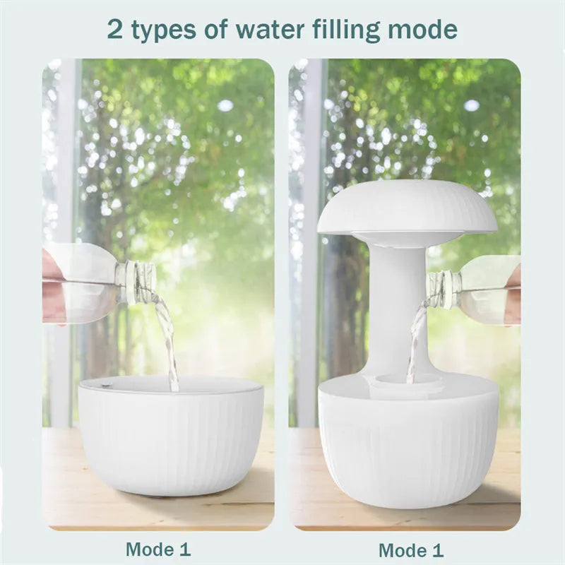White anti-gravity air humidifier with ultrasonic mist levitating water drops on a desk