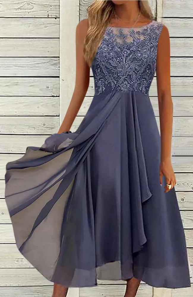 Women's sleeveless chiffon dress with hollow-out lace stitching in blue, green or purple colour options