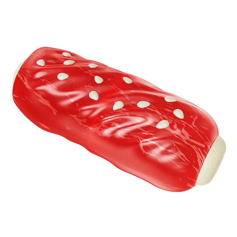 Primary colour plastic dog dental chew toy with molar rod shape and textured cleaning surfaces