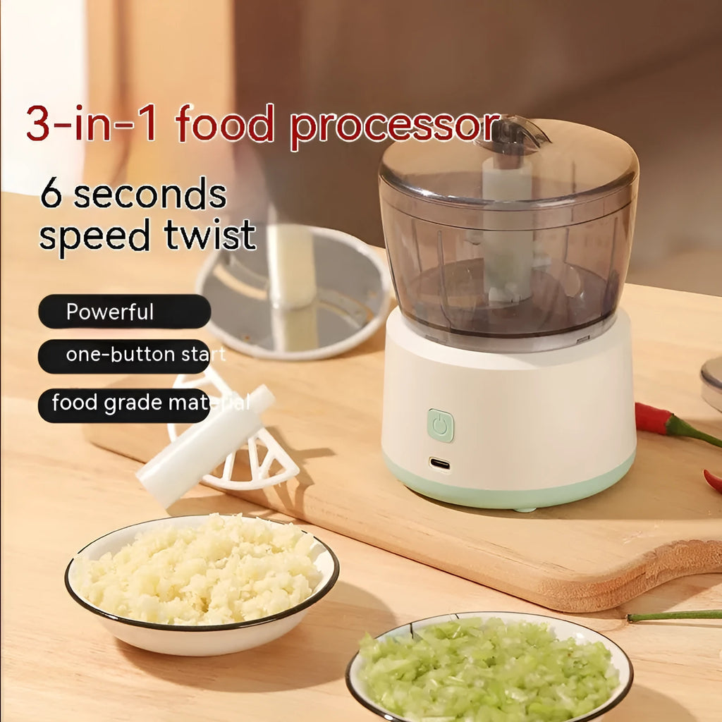 Mini meat grinder in white with 225ml capacity, stainless steel blade, and anti-slip pad
