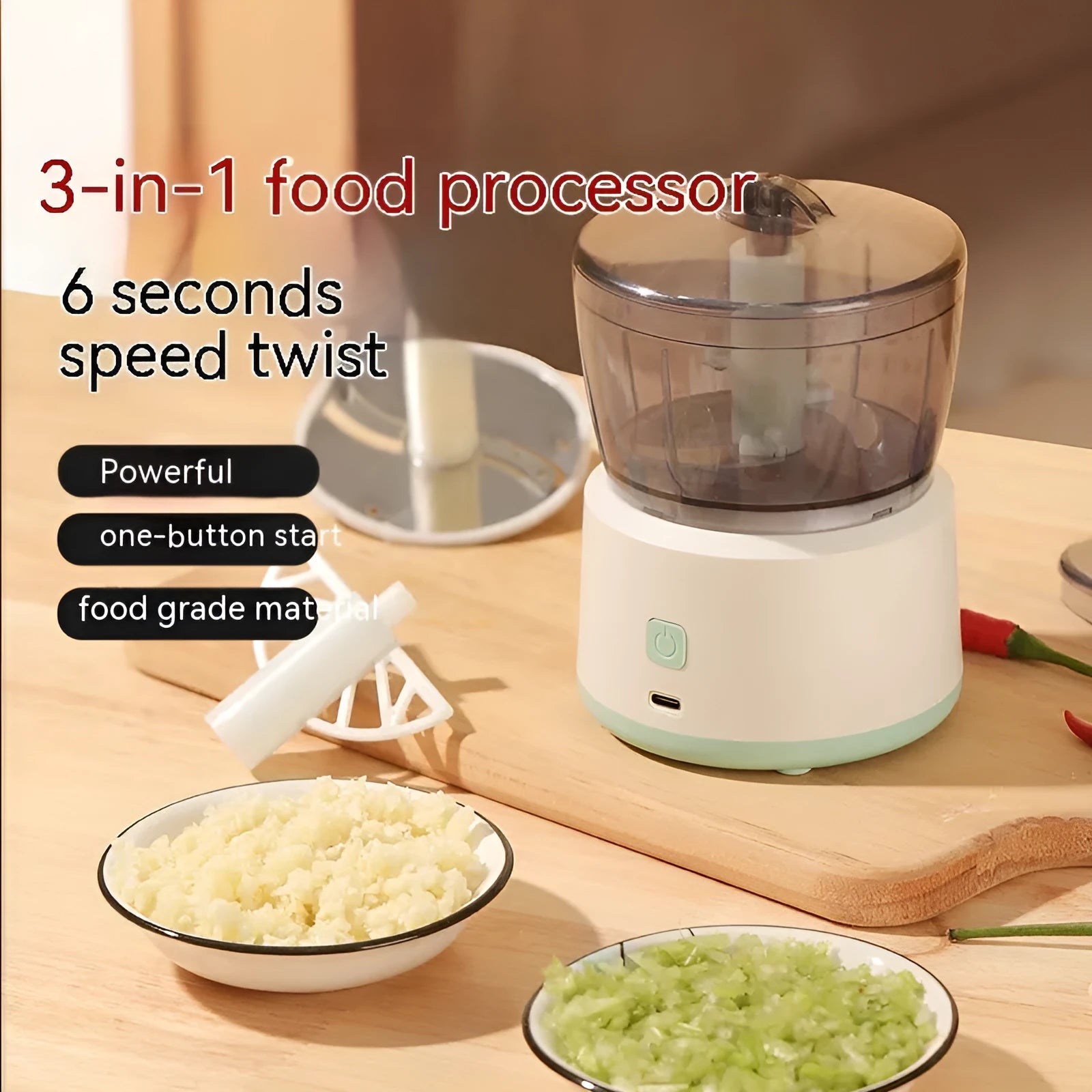 Mini meat grinder in white with 225ml capacity, stainless steel blade, and anti-slip pad