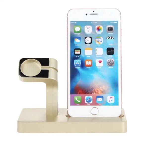 White 2 in 1 charging dock station holding an iPhone and an Apple Watch on a wooden desk.