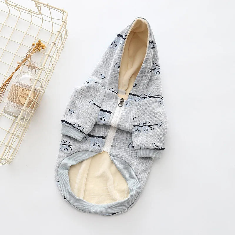 Blue casual cotton dog sweater with zipper and dog pattern on coat