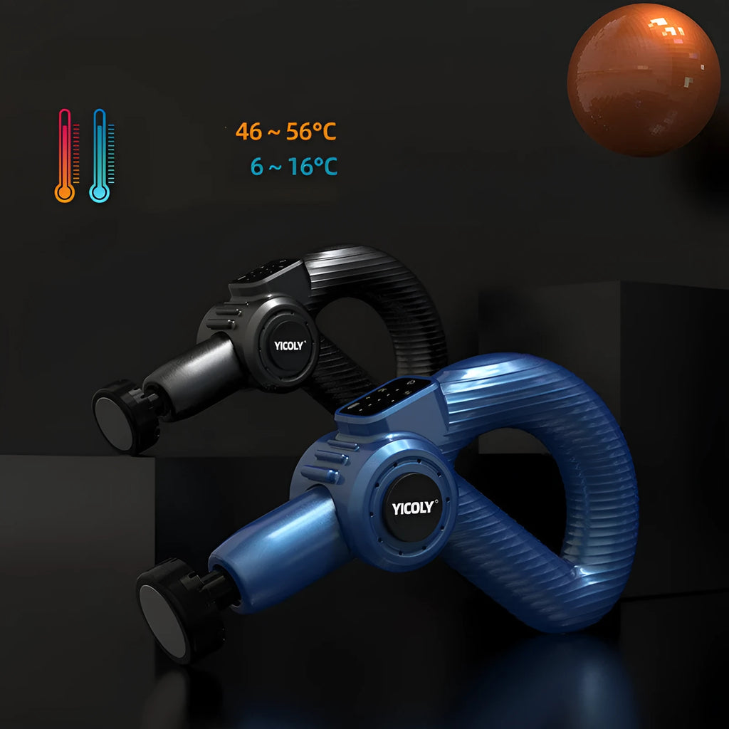 Black smart muscle massage gun with five different coloured massage heads on a table