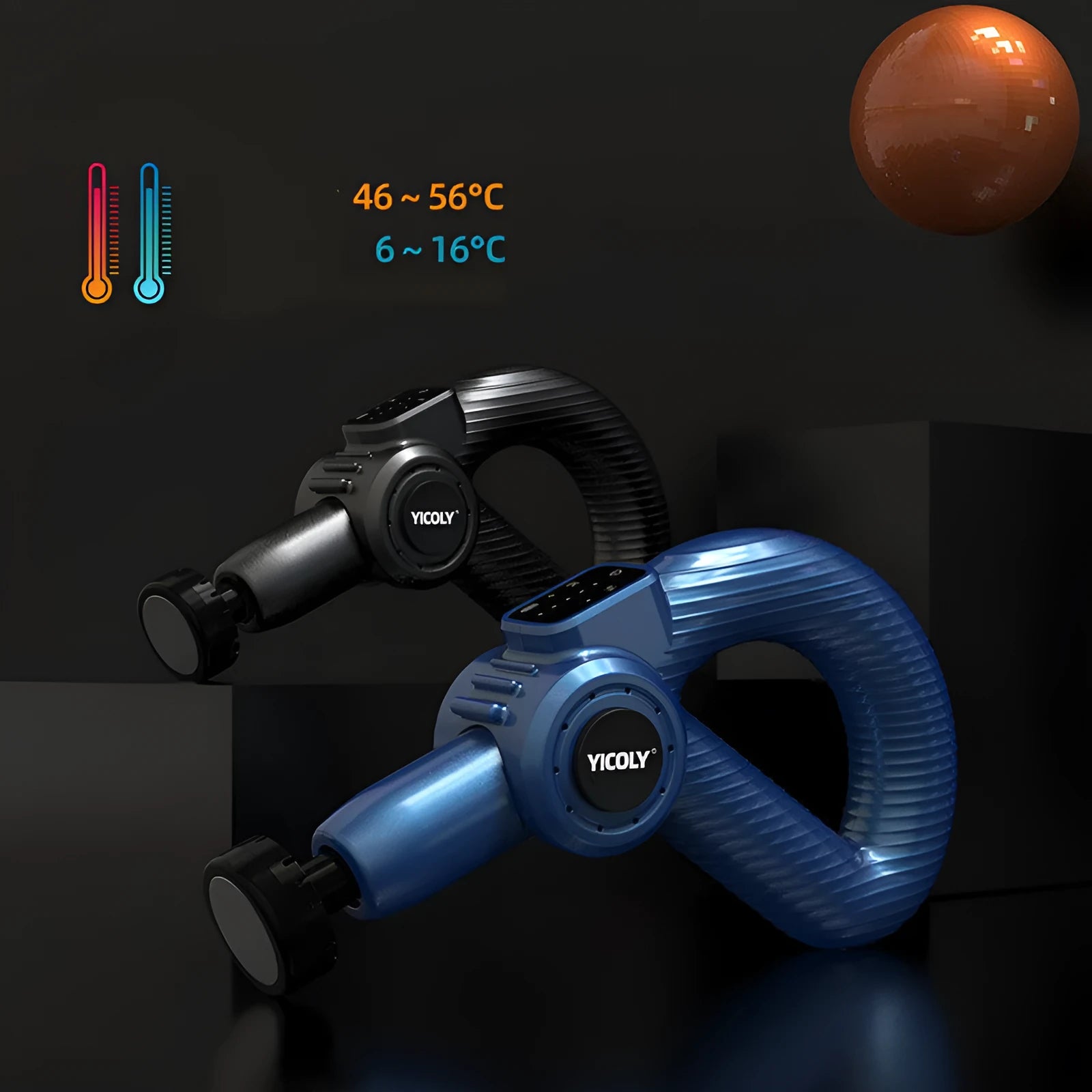 Black smart muscle massage gun with five different coloured massage heads on a table