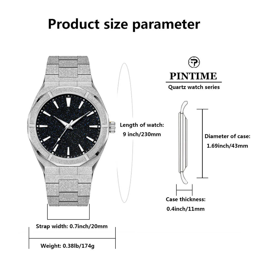 Men's stainless steel business watch with frosted case and luminous hands in black, gold or silver options