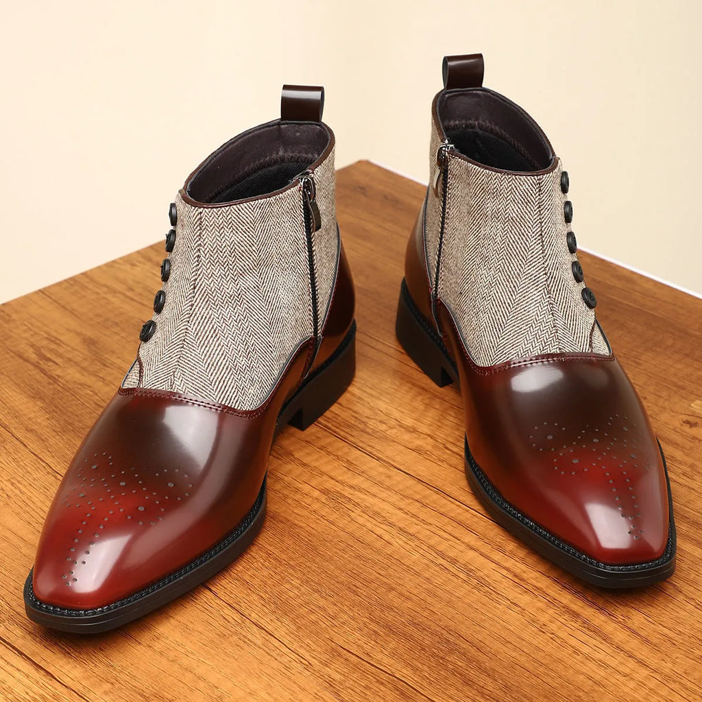 Brown retro-style men's formal business shoes with a side zip and square toe.