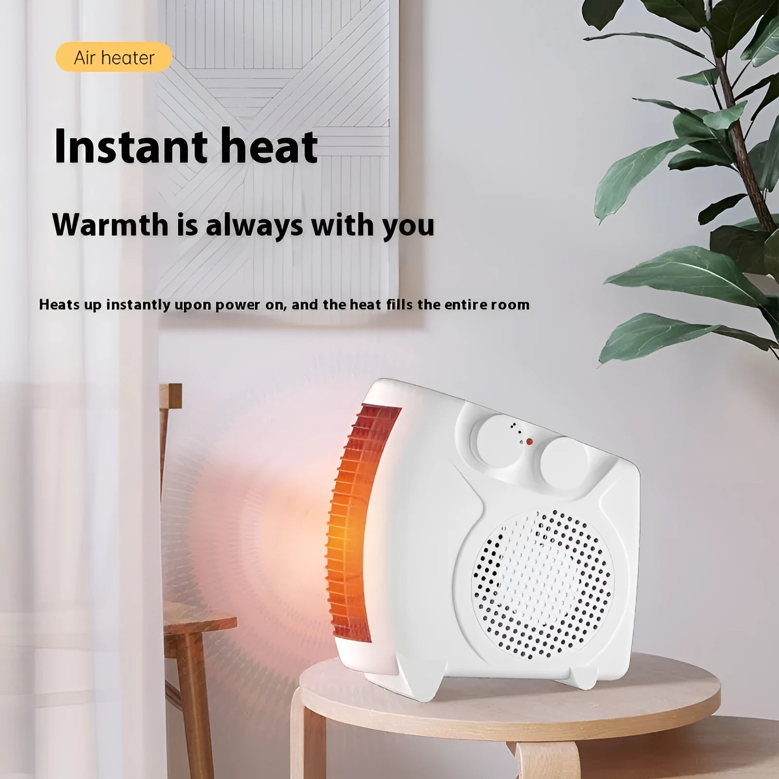 White compact electric fan heater on a desk, showing control dials and air outlet grille.