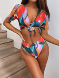 Red printed women's split swimsuit for swimming and surfing