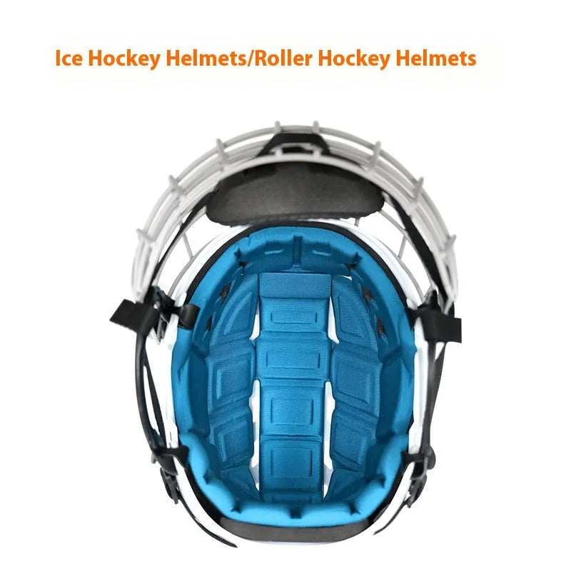 Ice hockey helmet with a carbon steel face mask showing impact-resistant shell and cushioned interior lining.