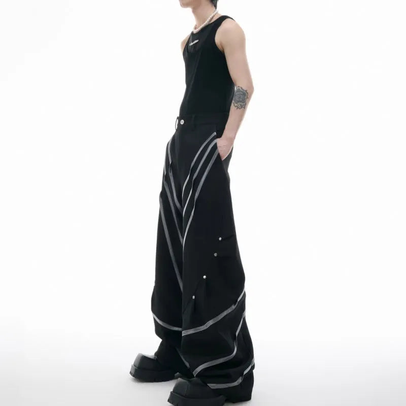 Men's trousers with three-dimensional cutting and metal striped rivet pleated details