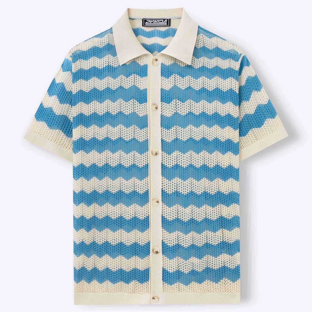 Short sleeve corrugated texture sweater in blue, brown, or yellow colours on a hanger.