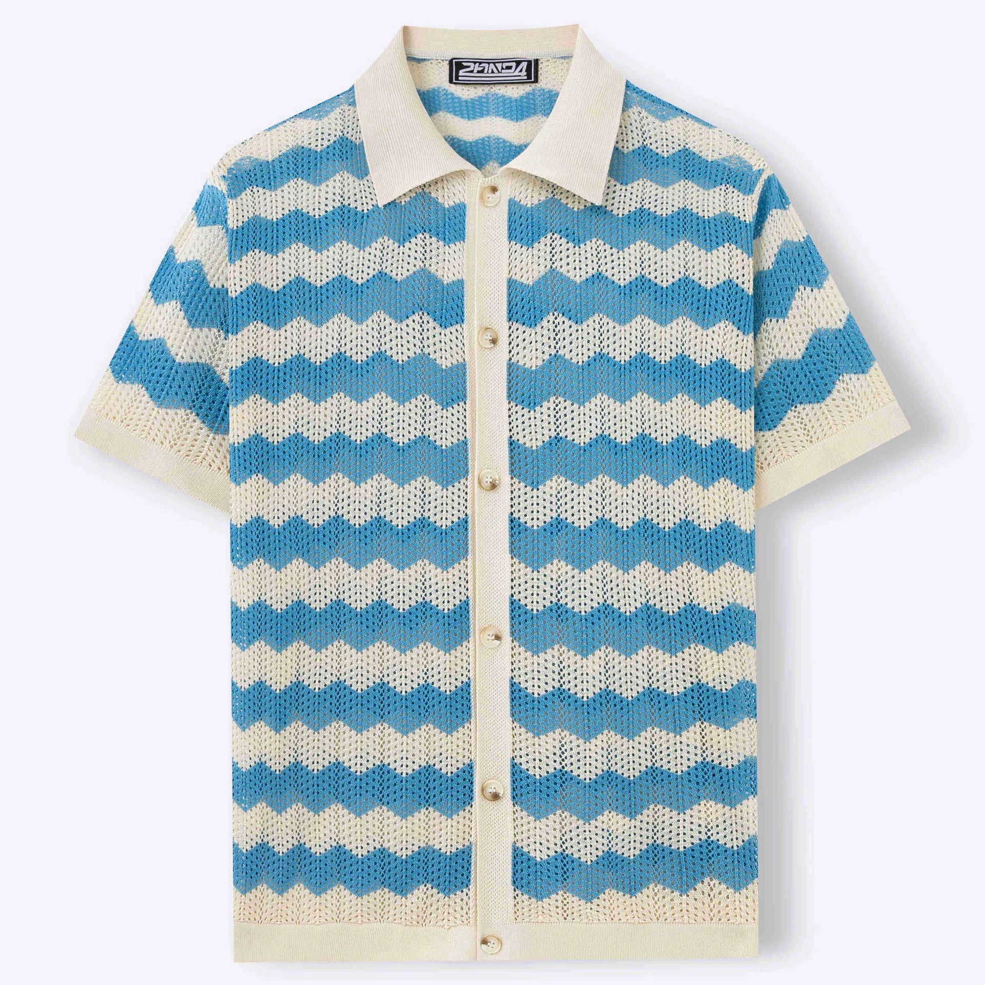 Short sleeve corrugated texture sweater in blue, brown, or yellow colours on a hanger.