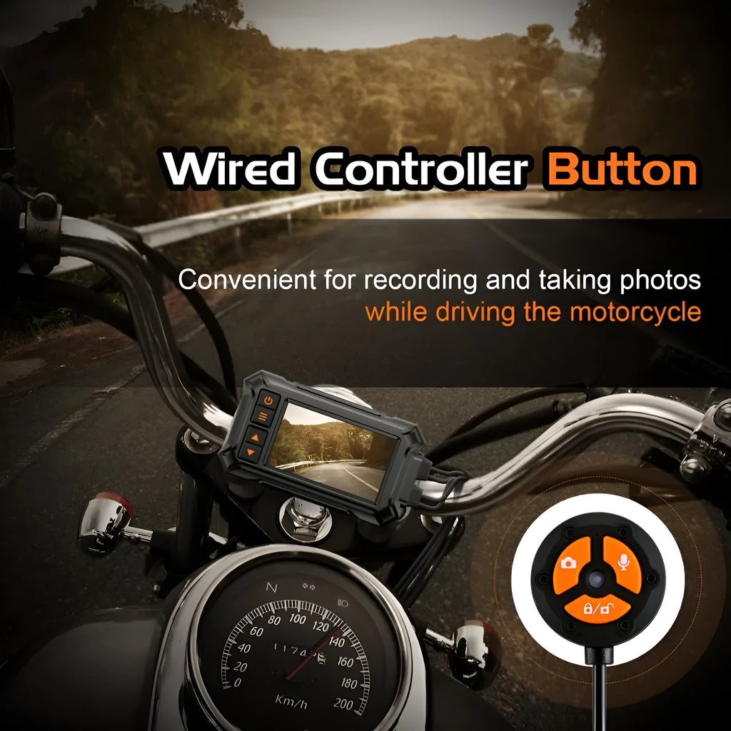 Motorcycle dash cam with dual lenses, 3-inch display, and waterproof housing for front/rear recording