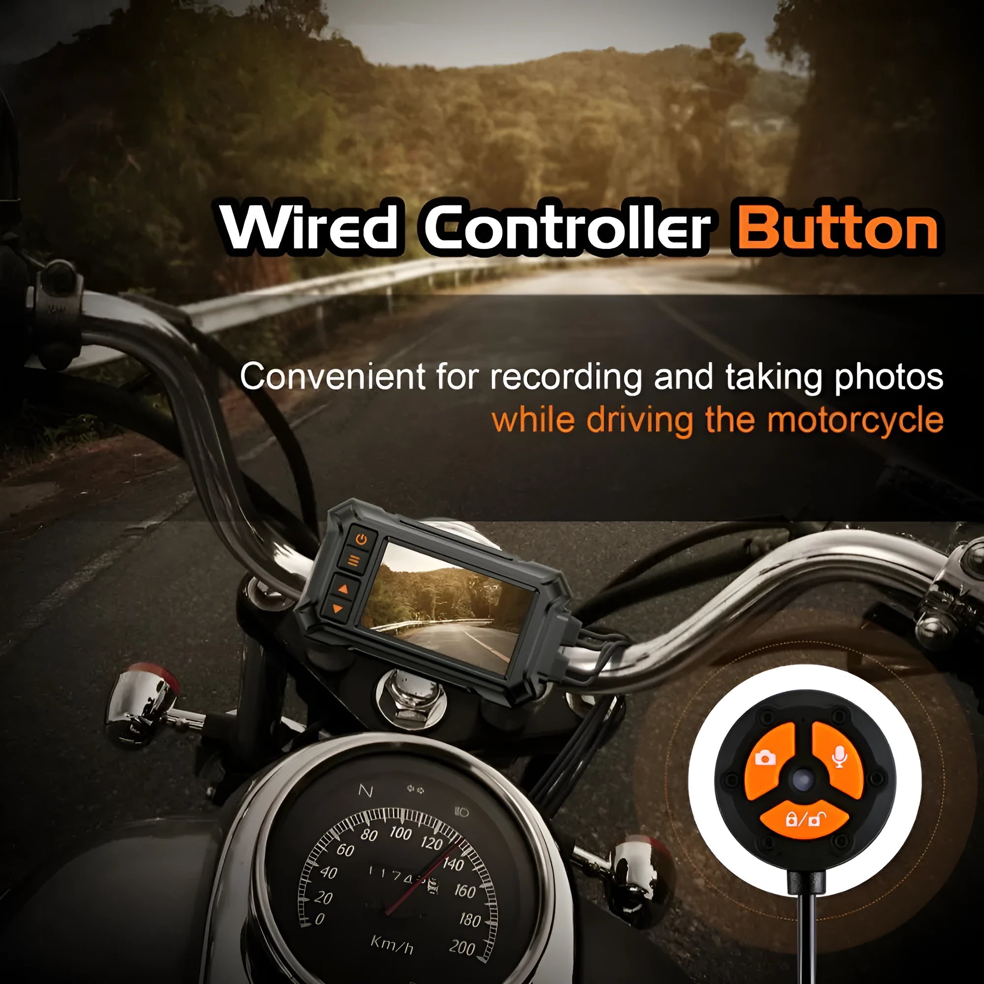 Motorcycle dash cam with dual lenses, 3-inch display, and waterproof housing for front/rear recording