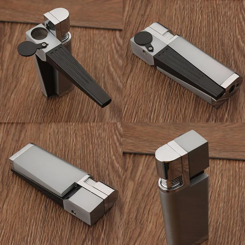 Foldable pipe lighter in No.1 silver square cover with metal flap closed, 9.2cm length, zinc alloy body