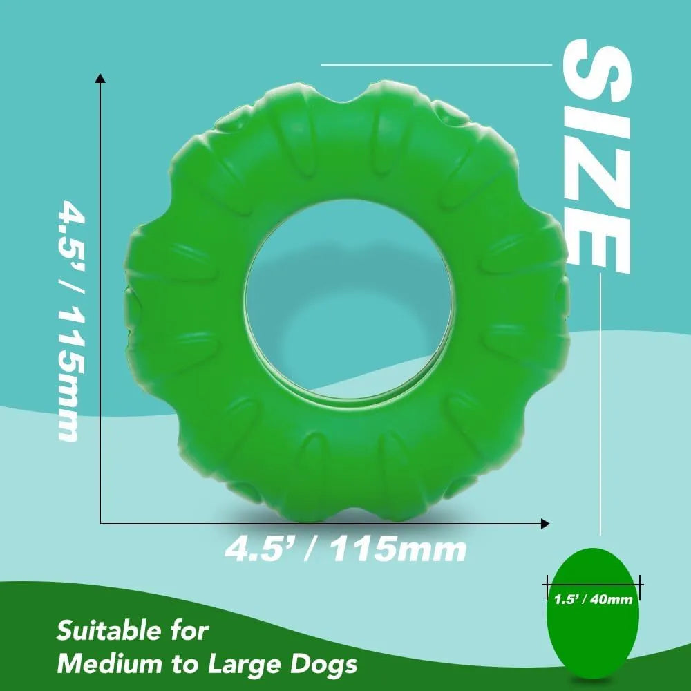 Blue durable natural rubber dog chew toy shaped like a tyre with oval openings.