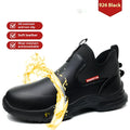 Black high-cut waterproof work shoes with anti-slip rubber soles for kitchen and industrial use