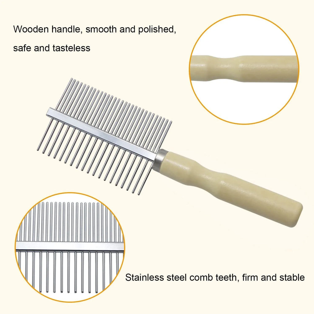 Wooden handle pet grooming comb for dogs and cats with round safety needles