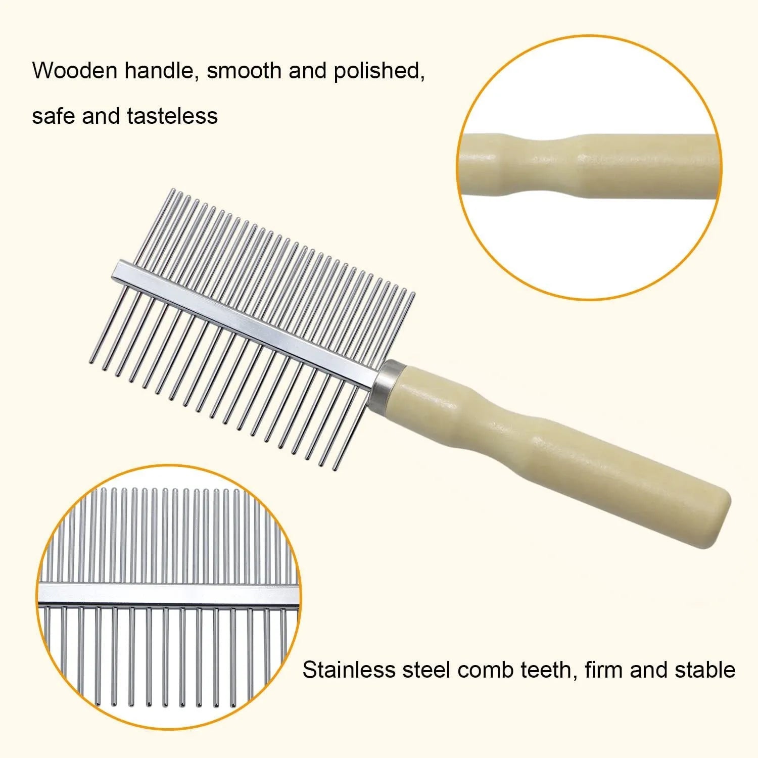 Wooden handle pet grooming comb for dogs and cats with round safety needles