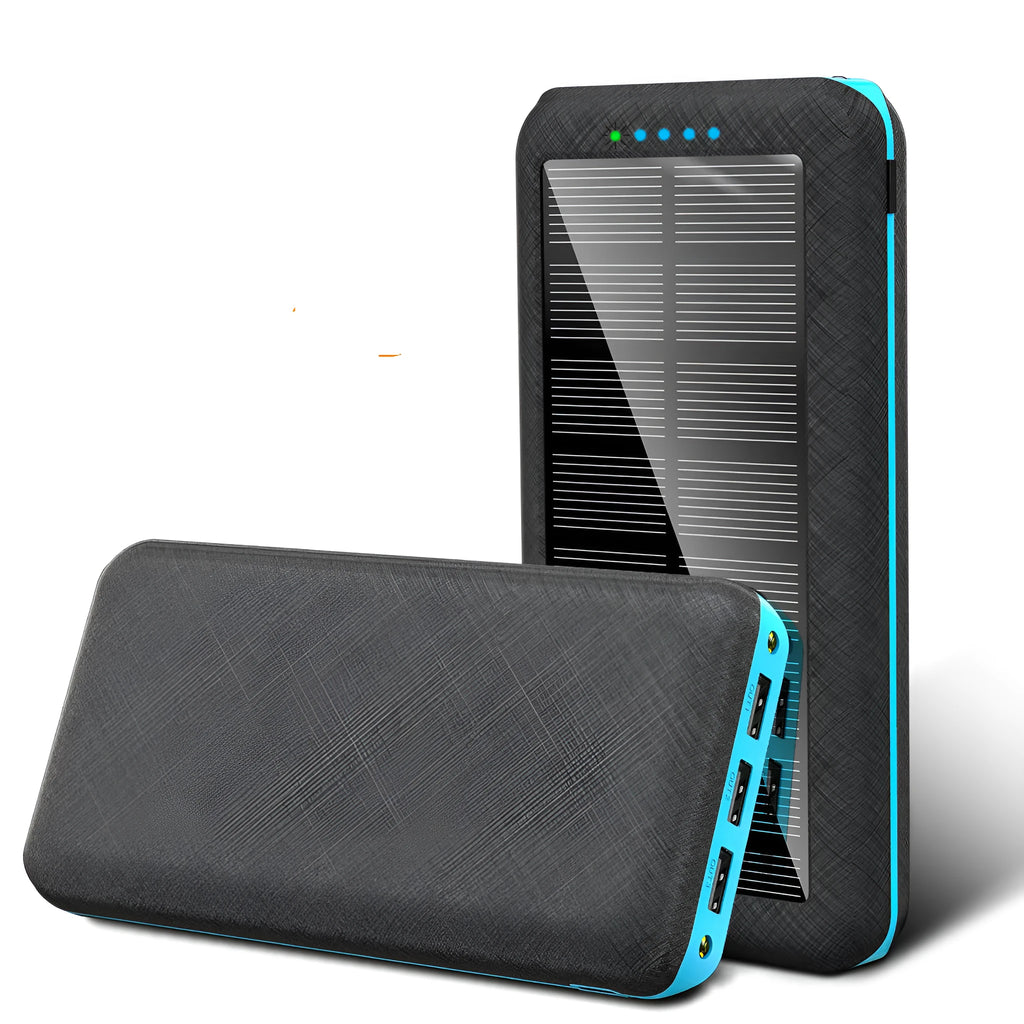 Portable solar power bank with Qi wireless charging and LED flashlight in black