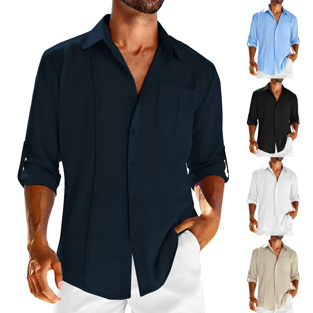 Men's casual long sleeve button-up shirt with polo collar and lace pocket detail in cotton blend fabric