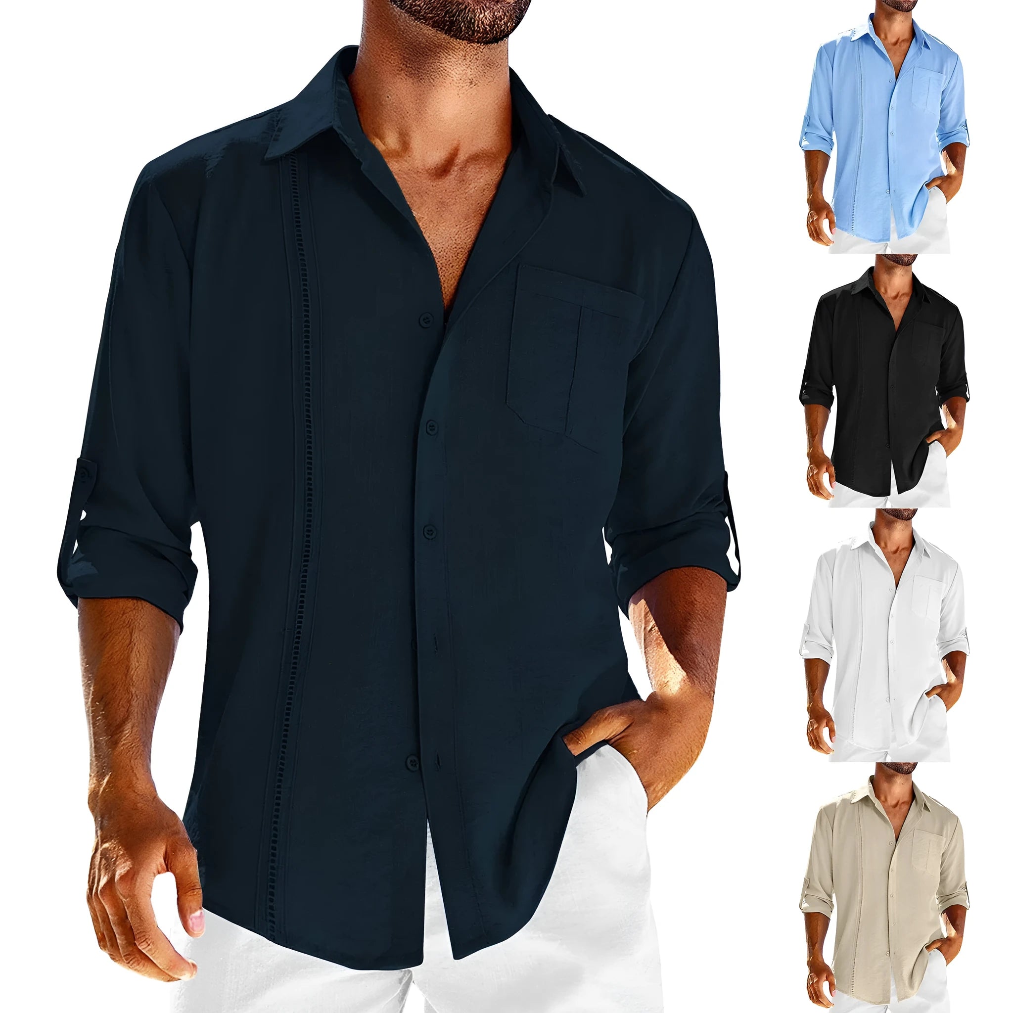 Men's casual long sleeve button-up shirt with polo collar and lace pocket detail in cotton blend fabric