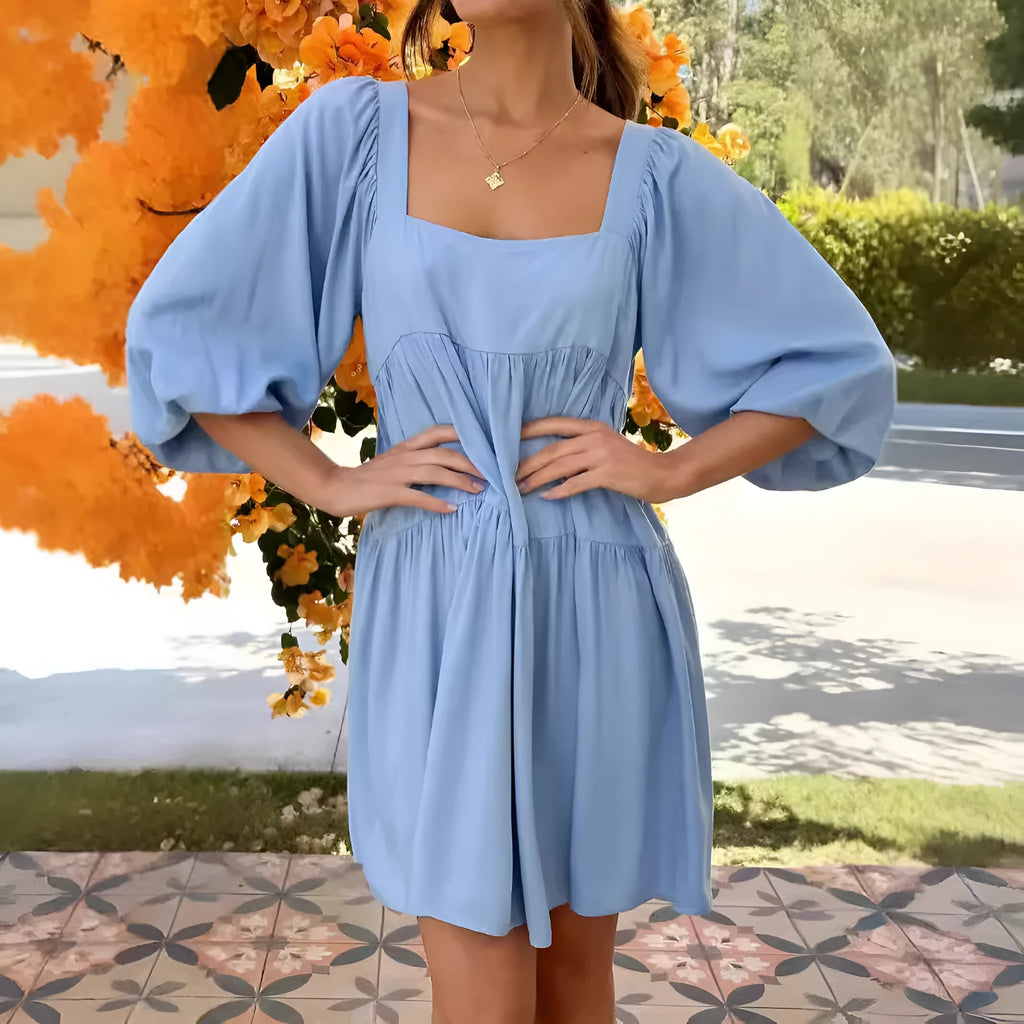 Children's square collar puff sleeve backless dress in orange with A-line skirt