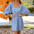Children's square collar puff sleeve backless dress in orange with A-line skirt
