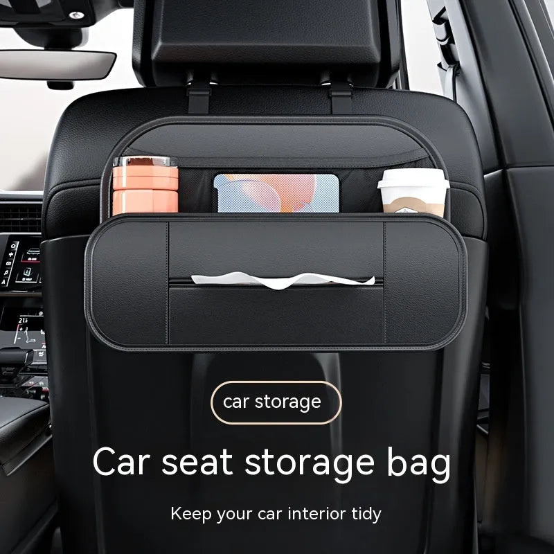 Black genuine leather car seat back storage bag with multiple compartments