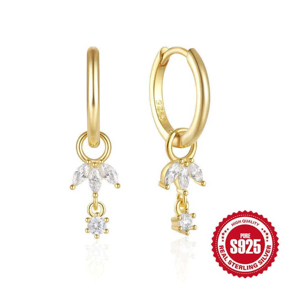 S925 sterling silver sunflower earrings with golden three diamond zircon inlay