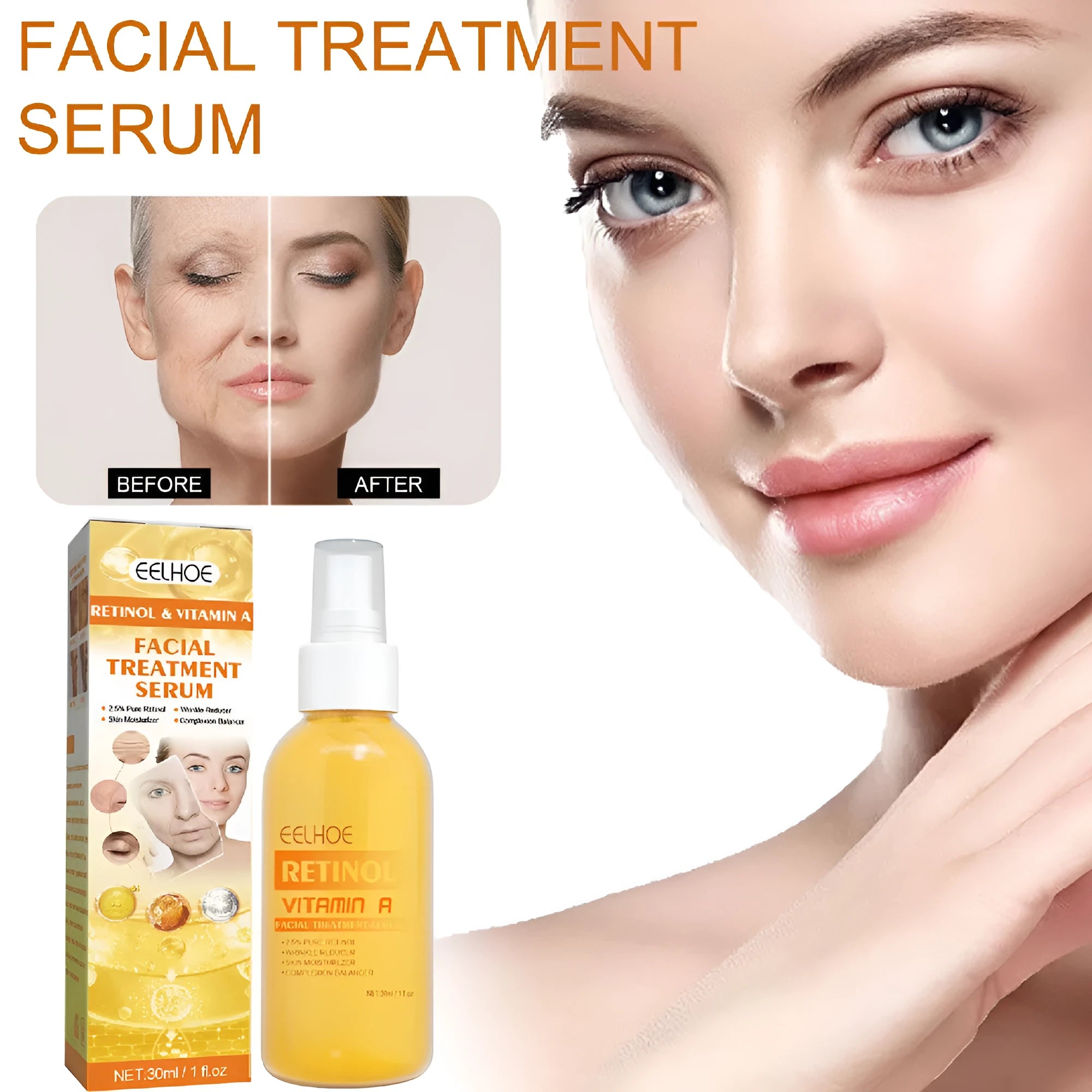 Retinol anti-wrinkle essence spray 30ml bottle with vitamin A formula in box packaging