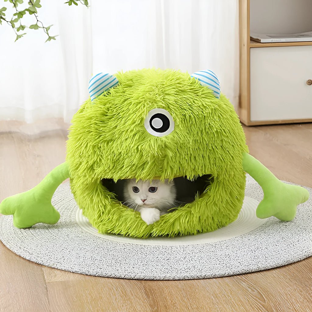 Round fluffy cat bed with non-slip bottom in three size options