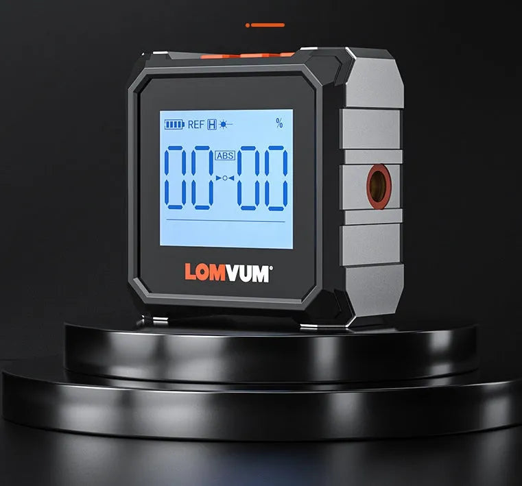 Black digital laser infrared tape measure with alloy casing and backlit display screen.