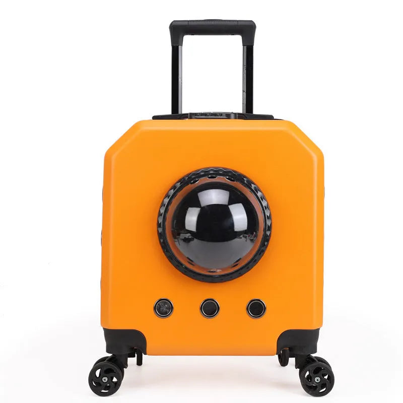 Hard PVC pet flight trolley case in a choice of colours with wheels and a handle.