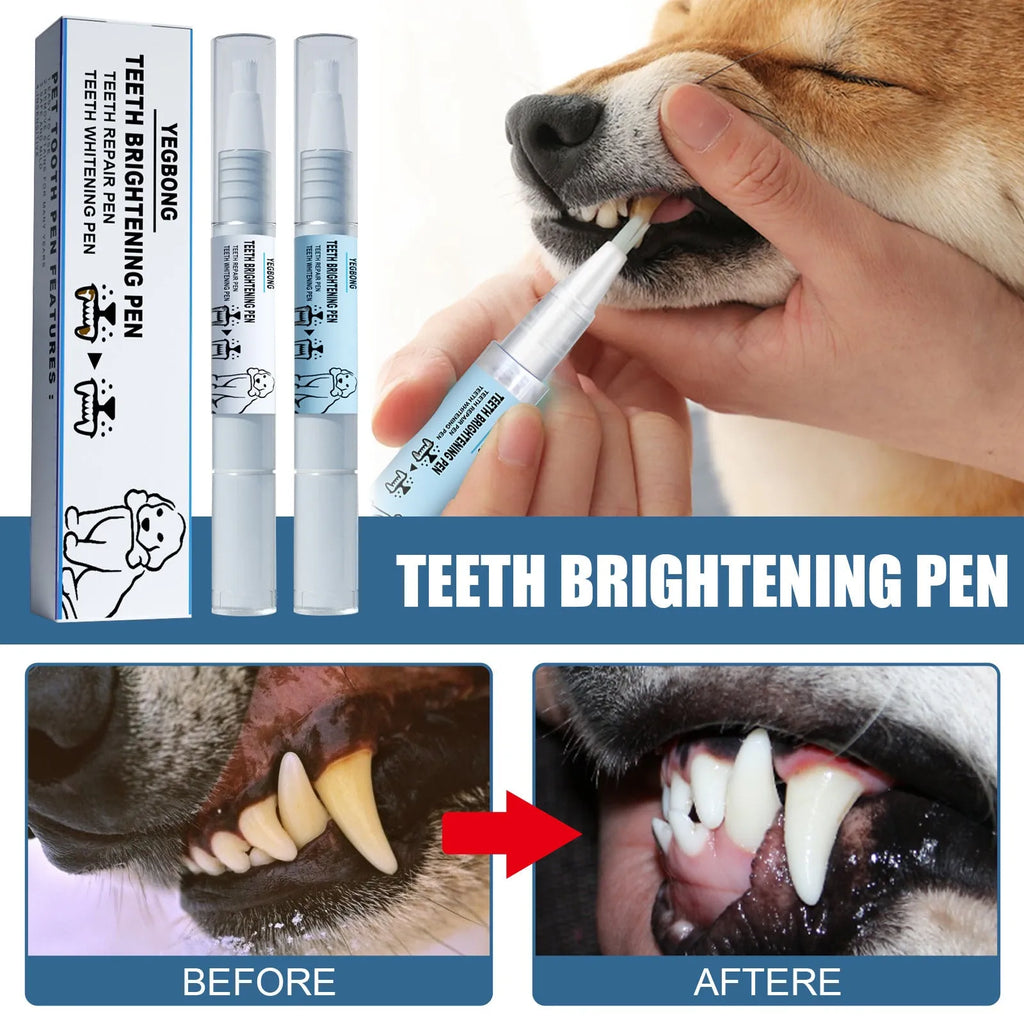 Pet teeth whitening pen kit with two 3ml pens and two dental brushes for dog and cat tartar care.
