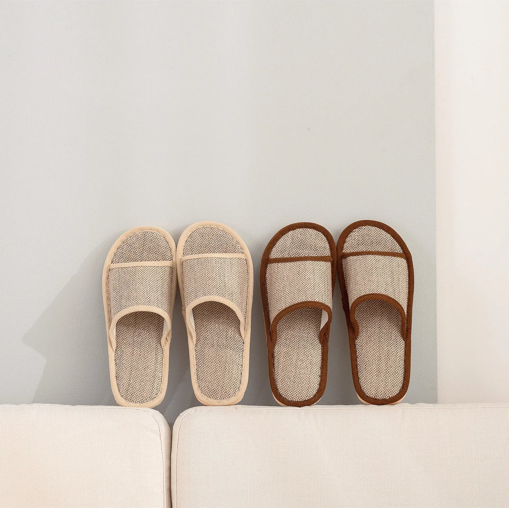 Women's cotton and linen open toe thickened slippers in dark coffee colour on a light background