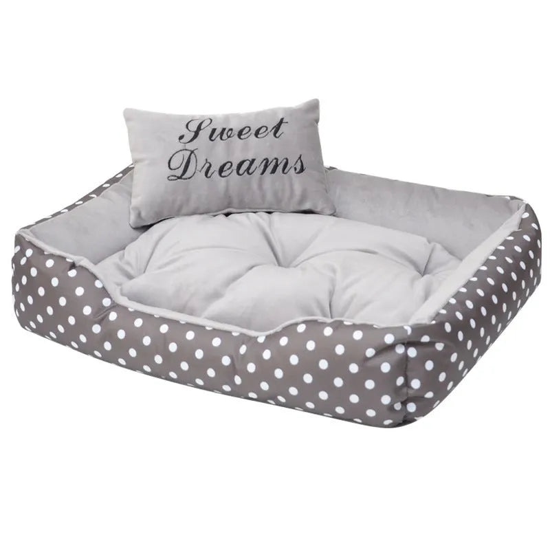 Polka dot printed small dog bed with matching embroidery pillow in grey, blue, pink, or red colour options