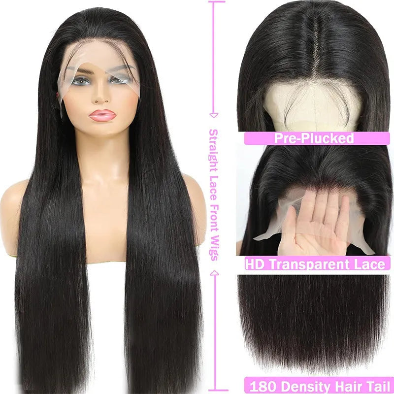 Straight black human hair wig with 13x6 lace frontal closure showing natural hairline